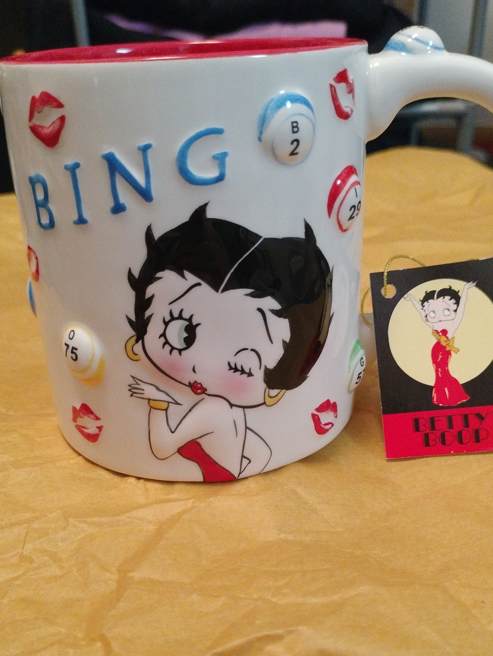 Betty Boop White and Red Bingo Ceramic Mug with Kiss Accents